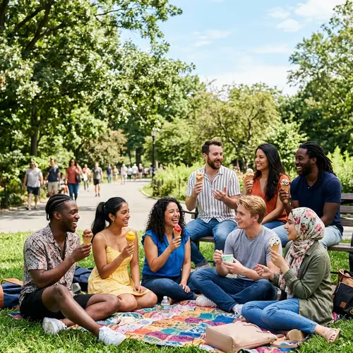 Diverse Group Enjoying Ice Cream in a Vibrant Park | IdealPark.com
