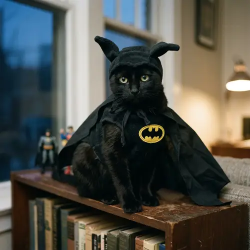 Black Fur Superhero Cat in Bat Costume