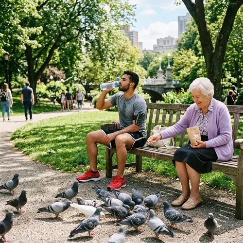 Sunny Park Scene: Young Male Jogger and Elderly Female Feeding Pigeons