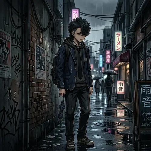 Anime Style Boy with Mullet Hairstyle in Gloomy Environment