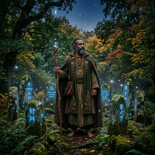 South Asian Druid in Enchanted Forest with Magical Stones