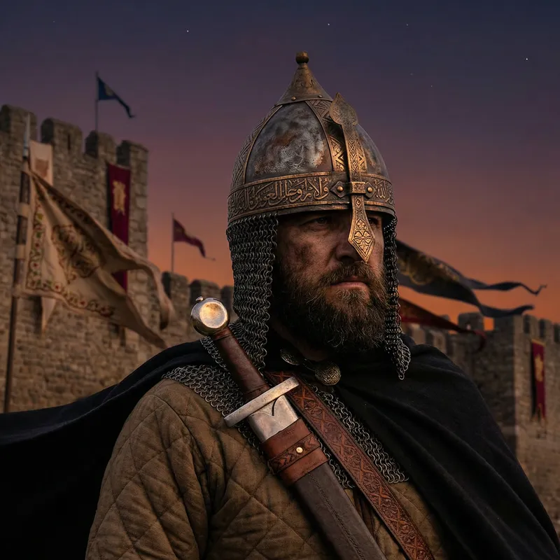 Middle-Eastern Medieval Warrior with Detailed Helmet and Sword