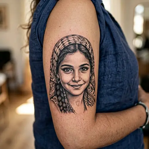 Egyptian Girl Face Tattoo | Intricate Bicep Ink Art