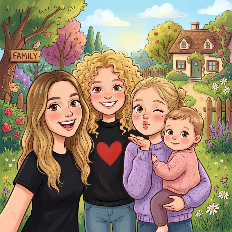 Whimsical Cartoon of 4 Sisters - Family Photo Story