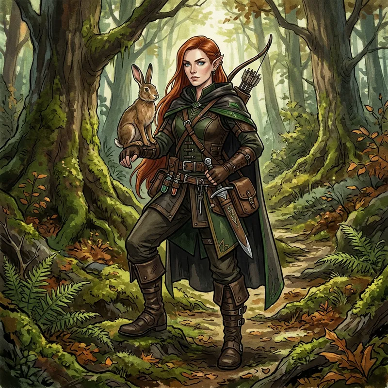 Rogue Half-Elf Girl Character Design in Woodland Setting