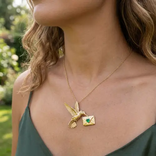 Gold Hummingbird Necklace with Emerald Heart Pendant