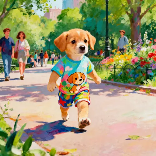 Whimsical Puppy Illustration in Vibrant T-Shirt