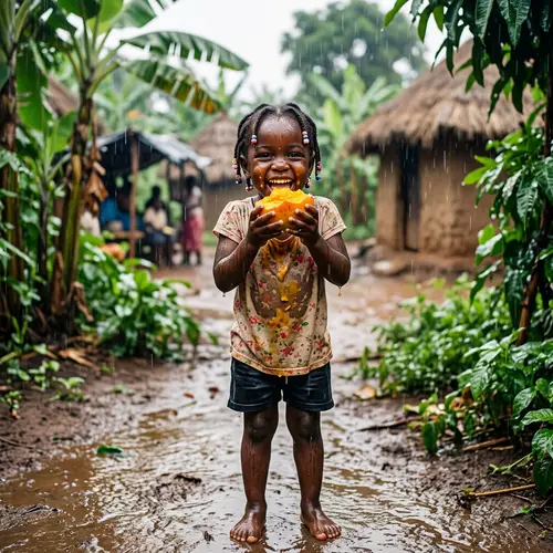 Joyful African Child Eating Mango in the Rain