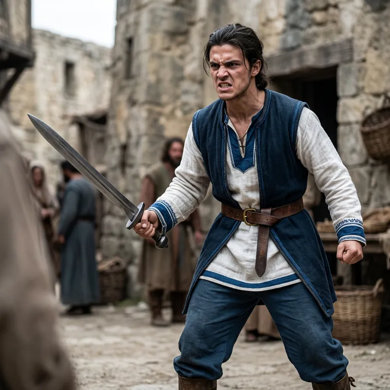 Ancient Warrior in White and Blue Attire with Angry Expression