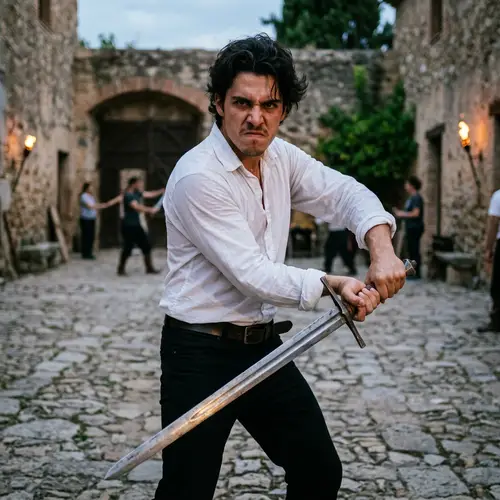 Hispanic Young Man in White Shirt and Black Pants with Sword