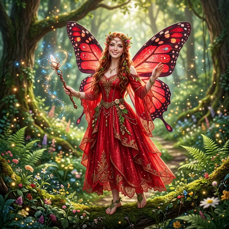 Enchanting Red Fairy with Butterfly Wings and Magic Wand Enchanting Red Fairy with Butterfly Wings and Magic Wand