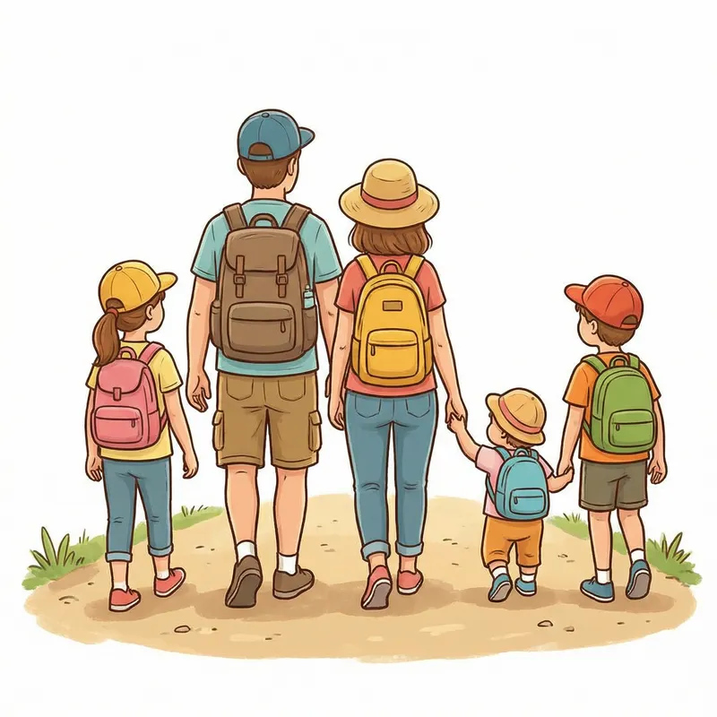 Cartoon Family of 5: Fun and Whimsical Back View