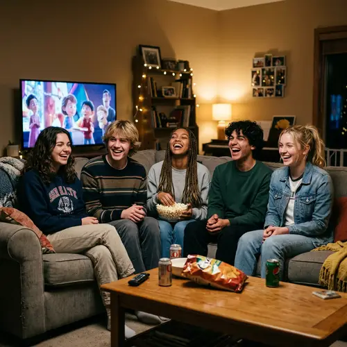 Teenagers Laughing on Couch While Watching TV