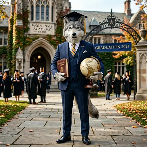 Elegant Wolf Mascot with Book and Globe | Graduation Theme