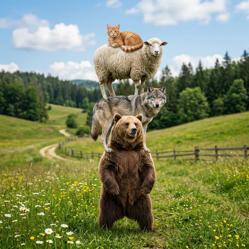 Animal Tower Balancing Act: Cat, Sheep, Wolf, Bear