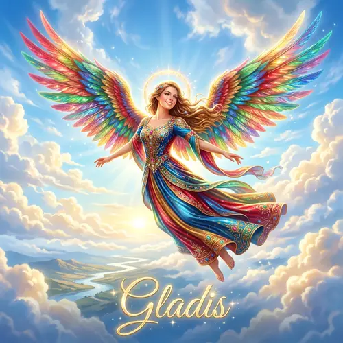 Colorful Angel Gladis Soaring in Radiant Blue Sky