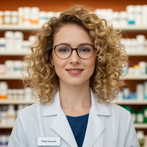 Pharmacy Assistant: Blonde Curly-Haired Woman