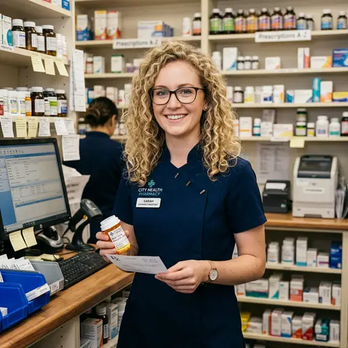 Pharmacy Assistant: Blonde Curly-Haired Woman