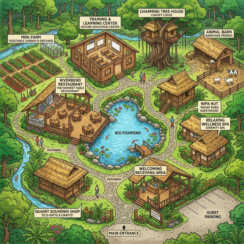 Nature-Inspired Floor Plan: Fishpond, Receiving Area, Souvenir Shop, Training Center, Tree House, Nipa Hut, Wellness Spa, Restaurant