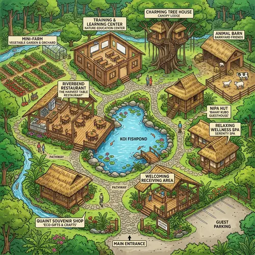Nature-Focused Floor Plan with Fishpond, Tree House, and Wellness Spa