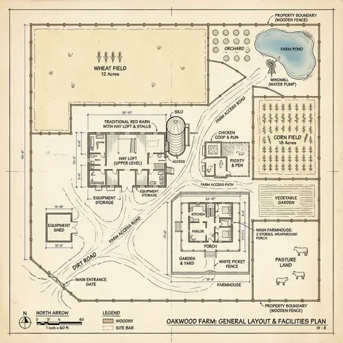Detailed Farm Floor Plan: Red Barn, Farmhouse, Chicken Coop
