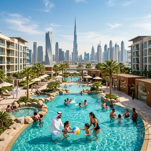 Sunny Panorama of Dubai with Residential Complex and Thermal Baths