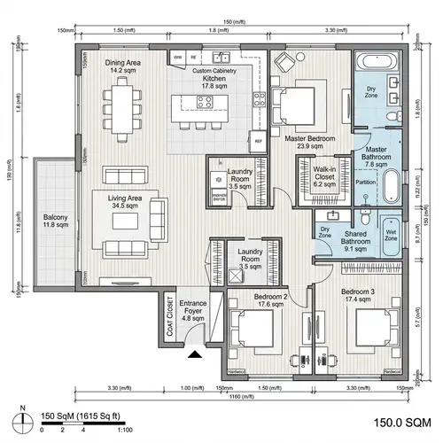 150 sqm Detailed Floor Plan with Luxurious Bedrooms & Functional Layout