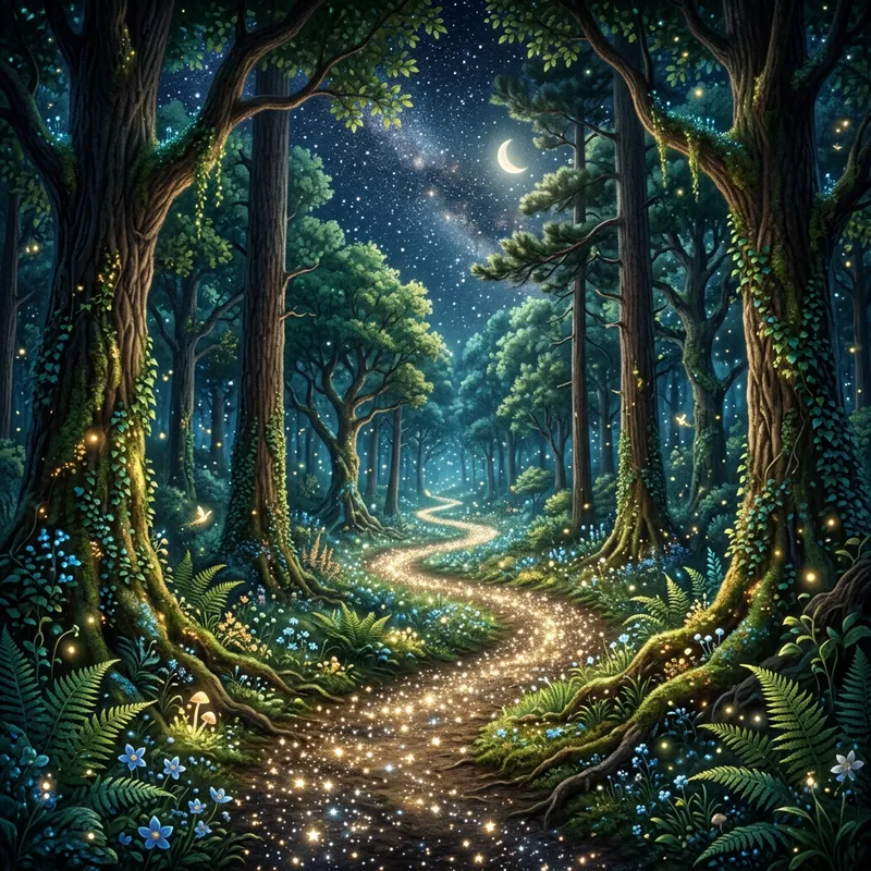 Magical Night Forest with Glowing Star Path