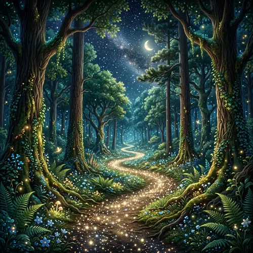 Magical Night Forest with Glowing Star Path