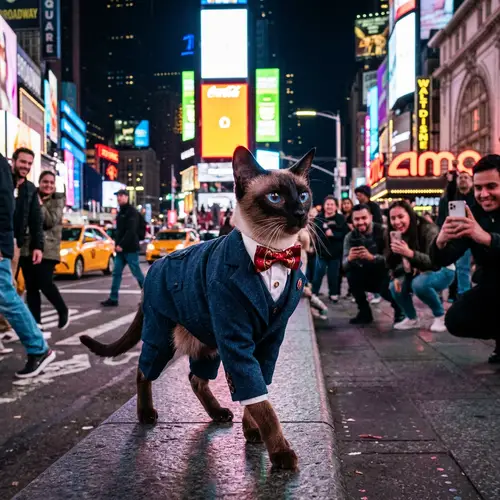 Stylish Siamese Cat in Suit Strolling Times Square