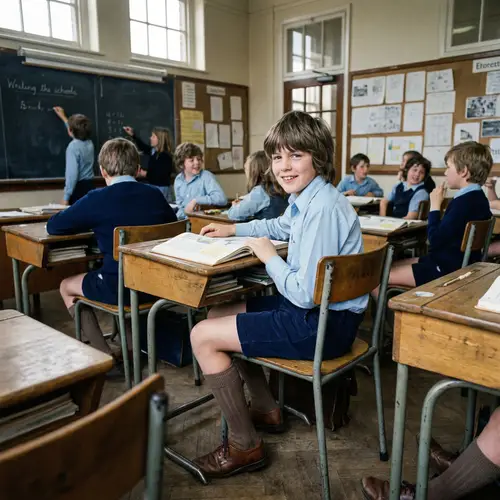 1970s Style Schoolboy in Classic Classroom Setting