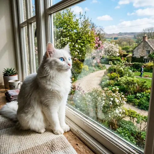 White Cat with Blue Eyes Sitting by Window | Curious & Longing