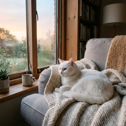 Serene Morning Scene with White Cat Sleeping Indoors