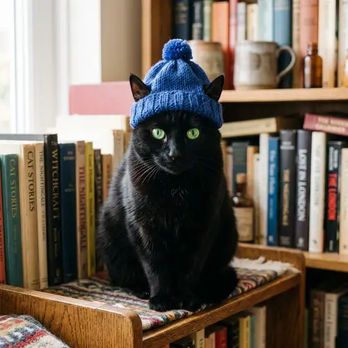 Black Cat with Green Eyes and Blue Hat