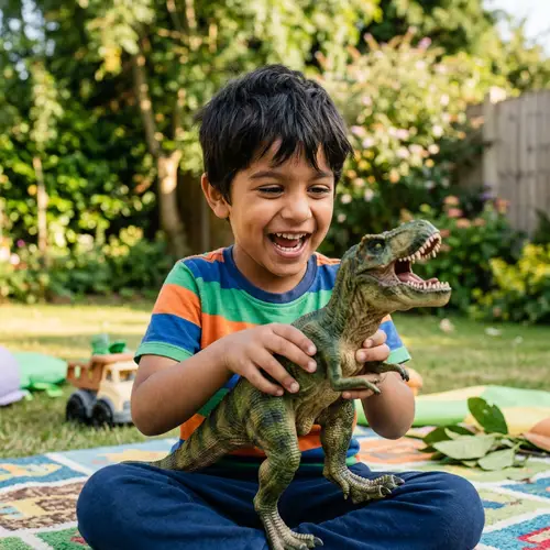 South Asian Boy Playing with Realistic Dinosaur Toy
