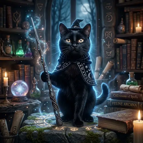 Enchanted Cat with Elder Wood Wand | Magical Wizardry Fiction