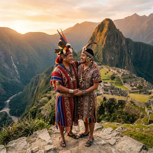 Romantic Incan Men in Machu Picchu at Sunset