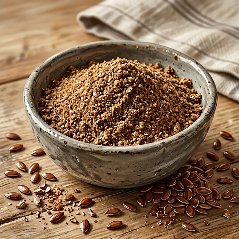 Flaxseed Powder in Rustic Ceramic Bowl