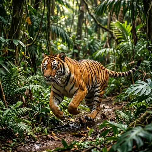 Majestic Tiger Racing Through Exotic Jungle - Untamed Wilderness