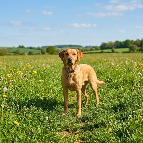 Medium Short-Haired Golden Brown Dog in Grassy Field