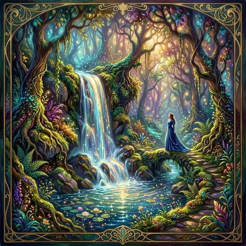 Concealed Waterfall in Mythical Forest - Vivid Mixed Media Art
