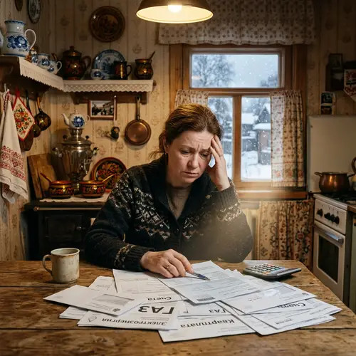 45-Year-Old Woman Struggling to Pay Bills in Traditional Russian Kitchen