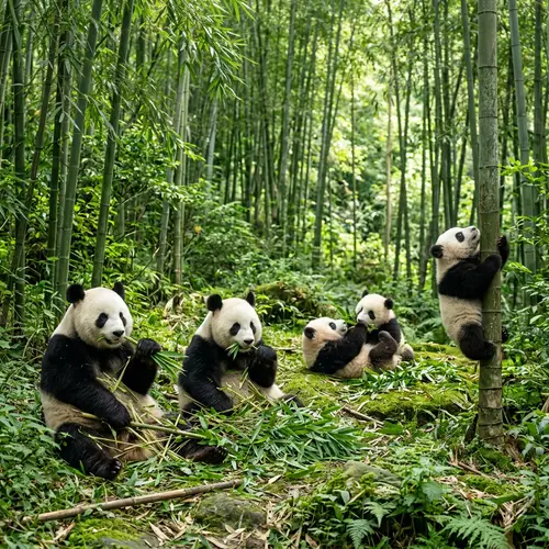 Serene Outdoor Setting with Lush Green Bamboo Trees and Adorable Pandas