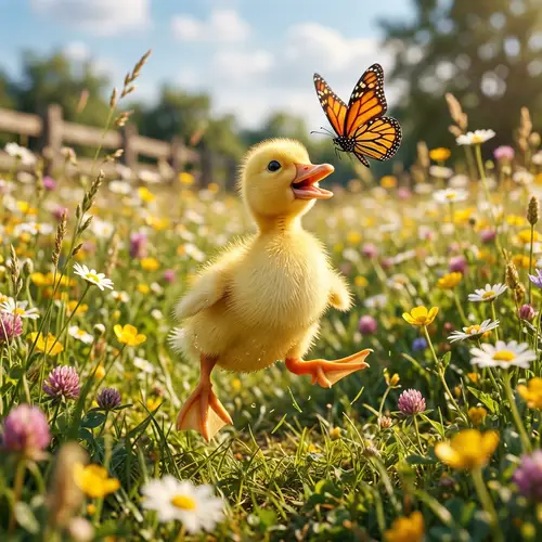 Playful Duckling and Vibrant Butterfly Scene