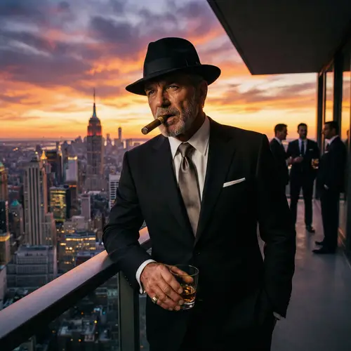 Mafia Boss Overseeing City Skyline at Sunset