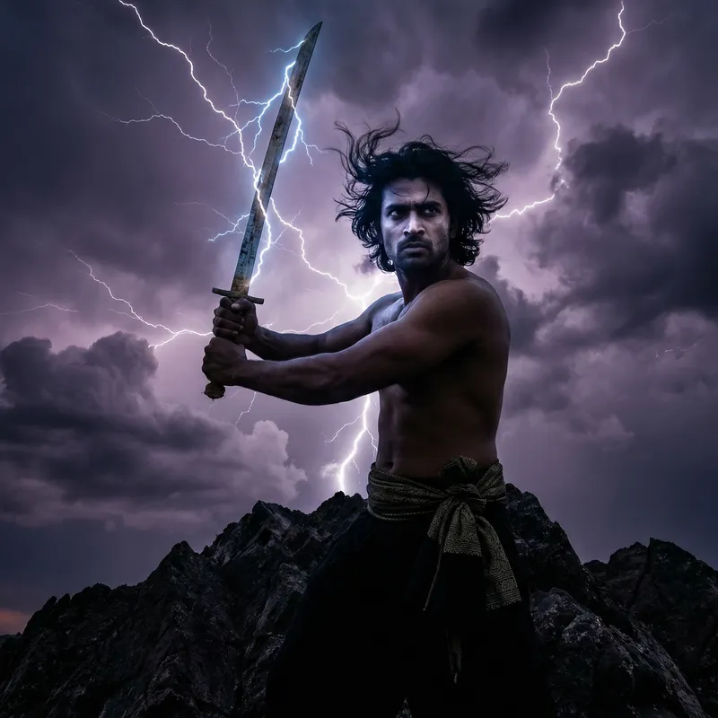 Shirtless Lightning Warrior on Stormy Mountain | Epic Scene