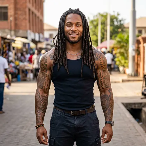 Muscular Black Man with Long Dreads and Tattoos