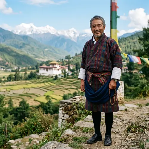Bhutanese Man in Traditional Gho | Serene Mountainous Landscape