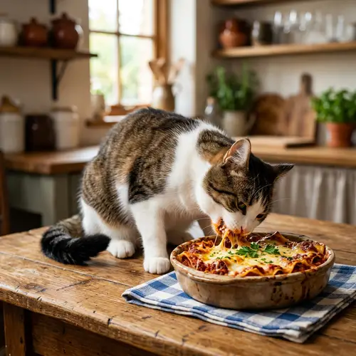 White and Brown Cat Eating Lasagna - Cute Feline Photos