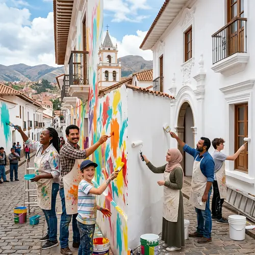 Diverse Group Painting Heritage Site in Sucre, Bolivia
